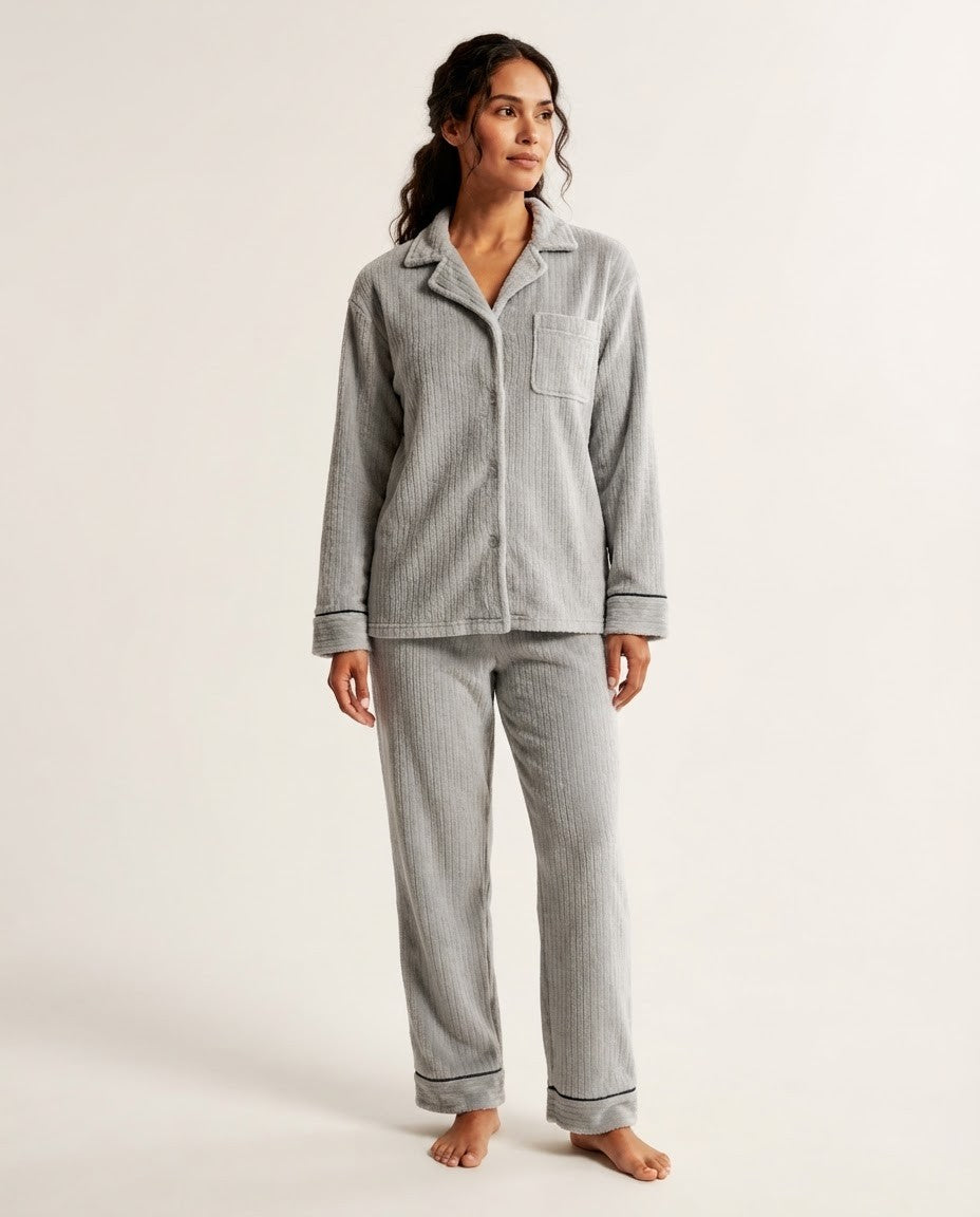 Women's Flannel Pajama Set, Gray Ribbed Plush Button-Down Top and Wide Leg Pants with Piping, Gray