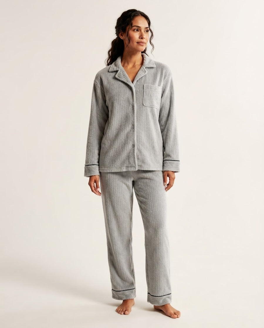 Women's Flannel Pajama Set, Gray Ribbed Plush Button-Down Top and Wide Leg Pants with Piping, Gray