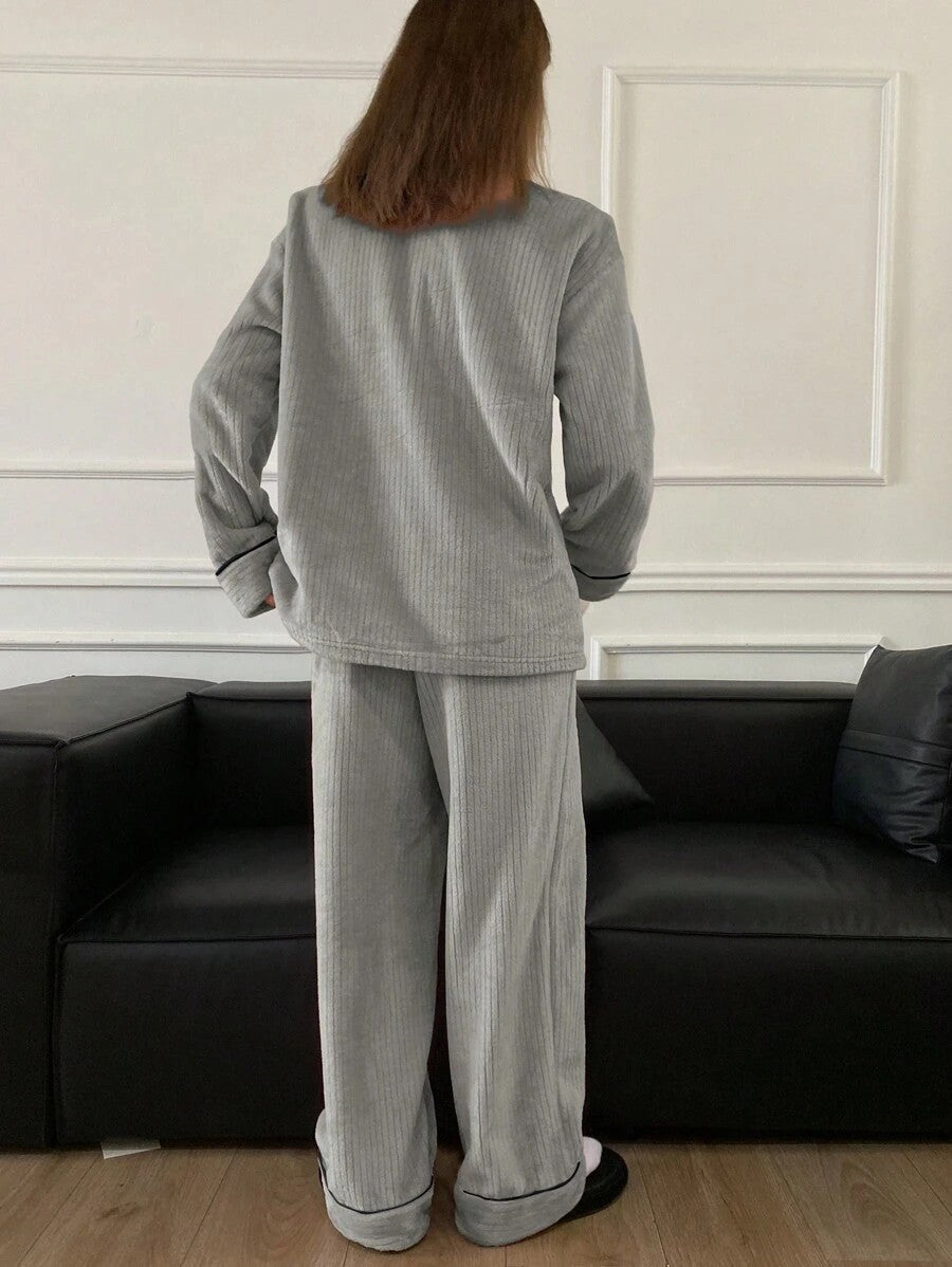 Women's Flannel Pajama Set, Gray Ribbed Plush Button-Down Top and Wide Leg Pants with Piping, Gray, view 2