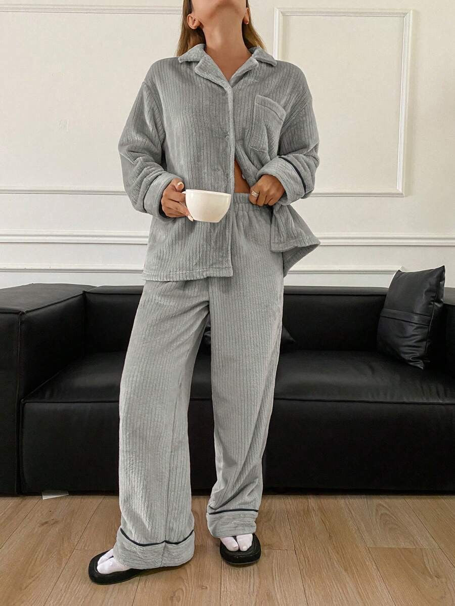 Women's Flannel Pajama Set, Gray Ribbed Plush Button-Down Top and Wide Leg Pants with Piping, Gray, view 3