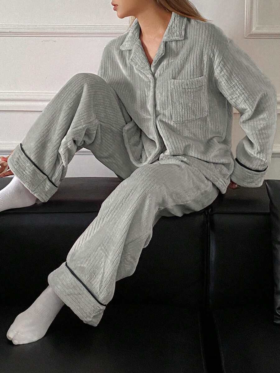 Women's Flannel Pajama Set, Gray Ribbed Plush Button-Down Top and Wide Leg Pants with Piping, Gray, view 4