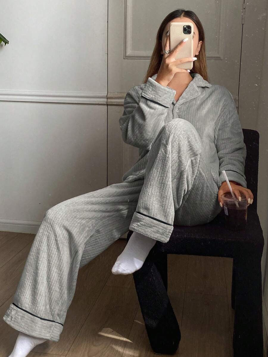 Women's Flannel Pajama Set, Gray Ribbed Plush Button-Down Top and Wide Leg Pants with Piping, Gray, view 5