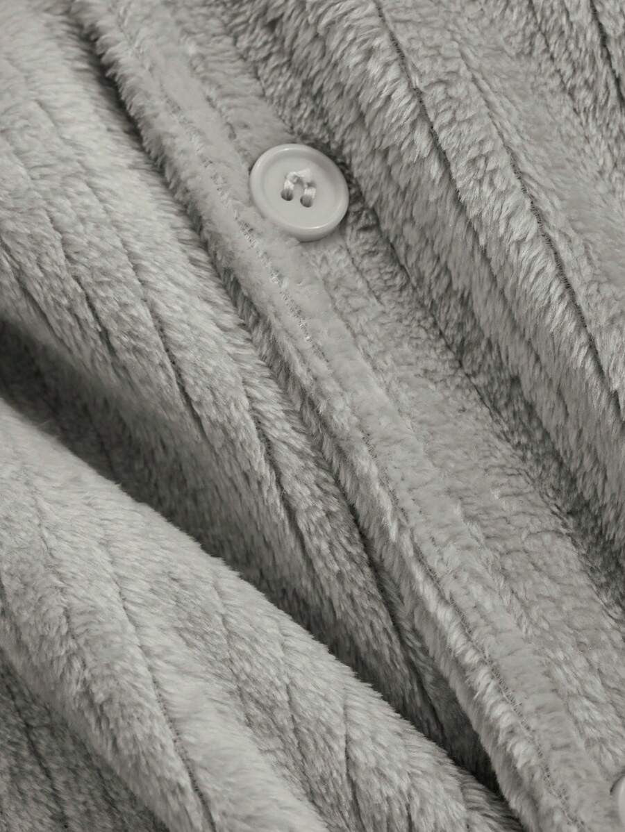 Women's Flannel Pajama Set, Gray Ribbed Plush Button-Down Top and Wide Leg Pants with Piping, Gray, view 6