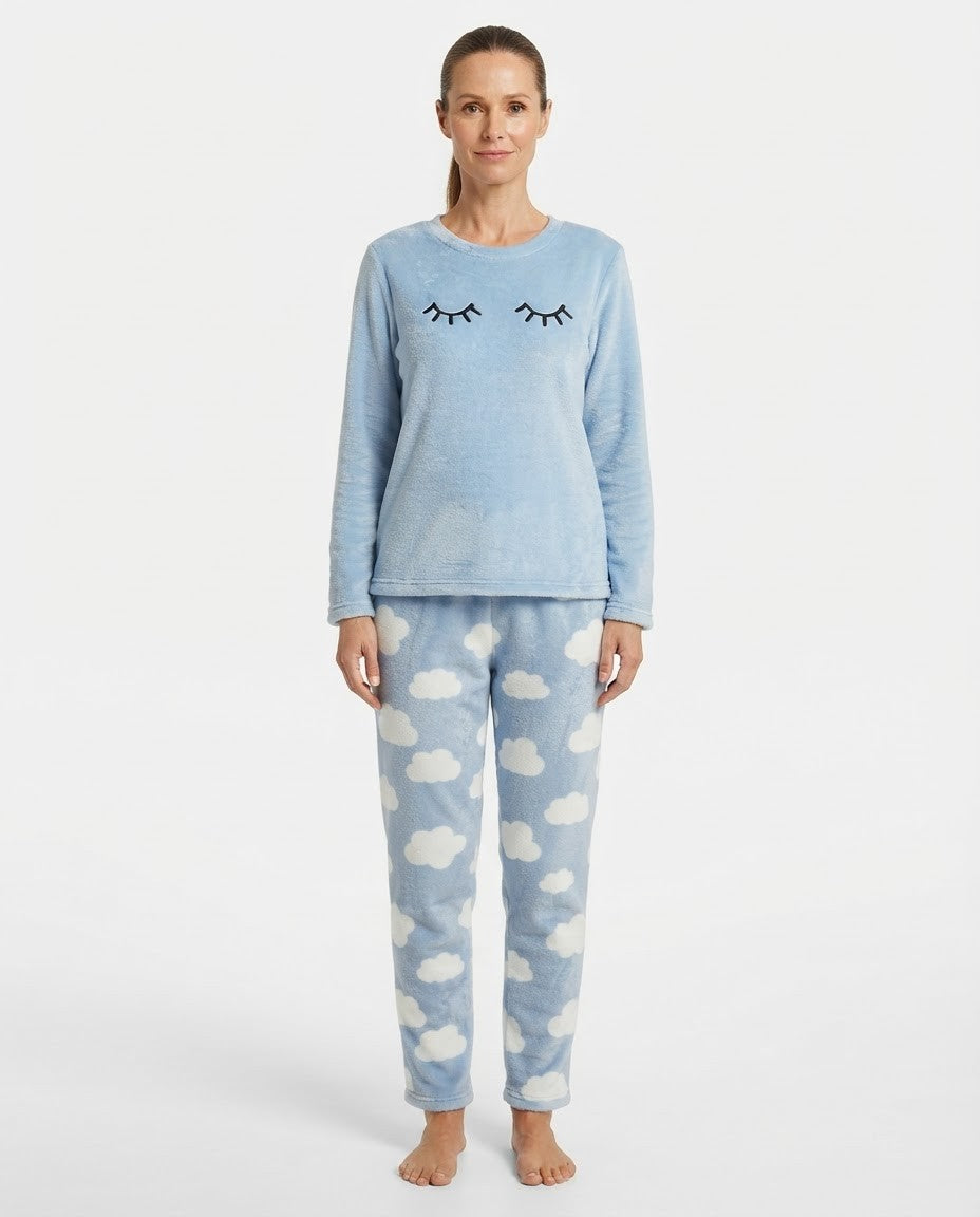 Women's Flannel Pajama Set, Sleepy Eyes Embroidered Long Sleeve Top and Cloud Print Pants, Blue