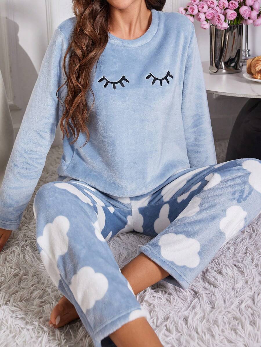 Women's Flannel Pajama Set, Sleepy Eyes Embroidered Long Sleeve Top and Cloud Print Pants, Blue