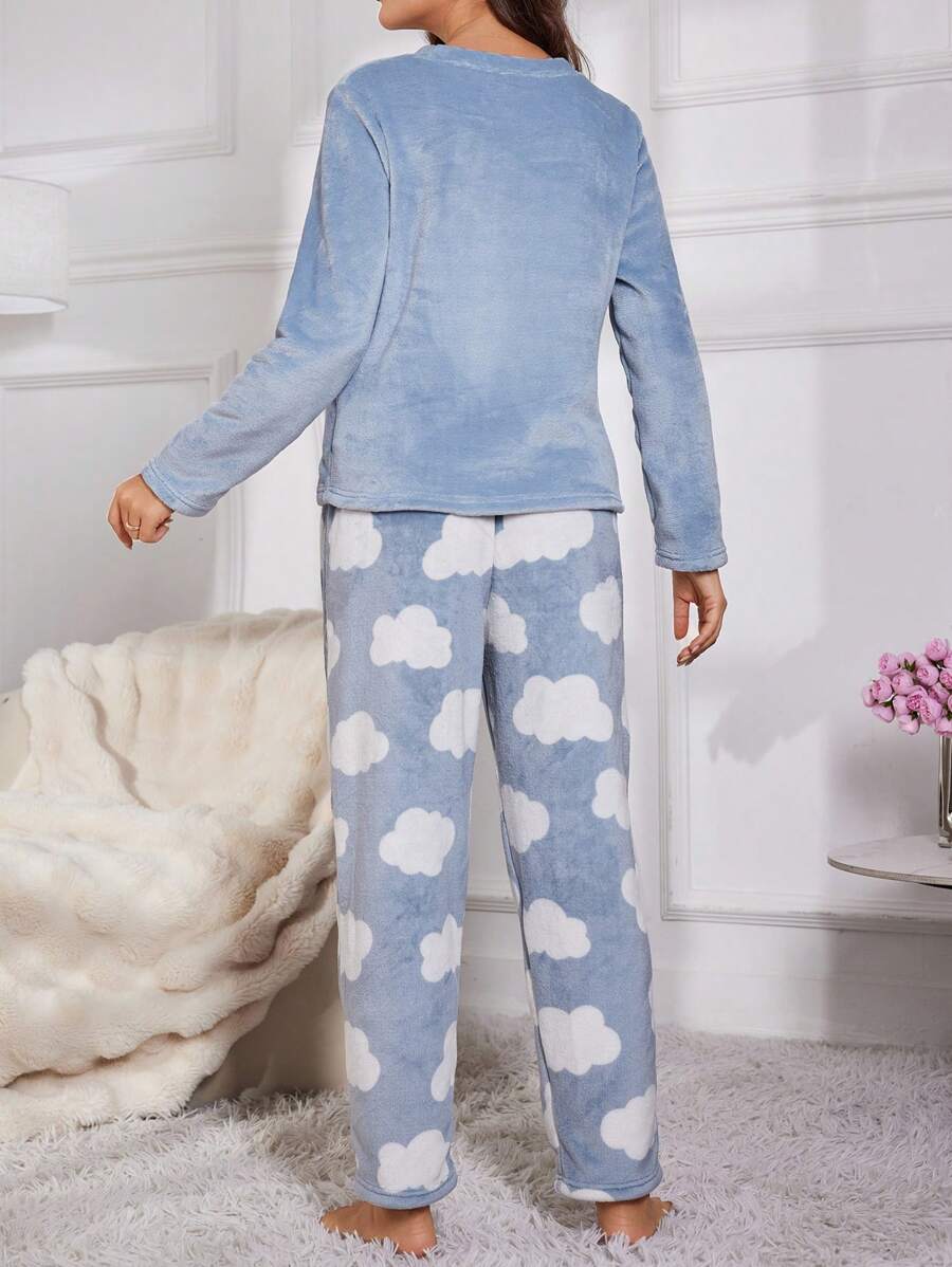 Women's Flannel Pajama Set, Sleepy Eyes Embroidered Long Sleeve Top and Cloud Print Pants, Blue, view 2
