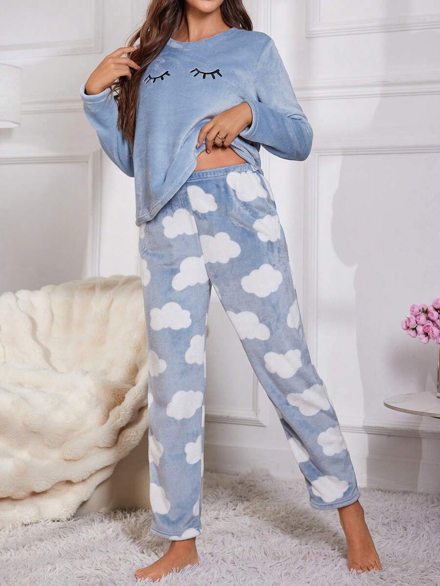 Women's Flannel Pajama Set, Sleepy Eyes Embroidered Long Sleeve Top and Cloud Print Pants, Blue, view 3