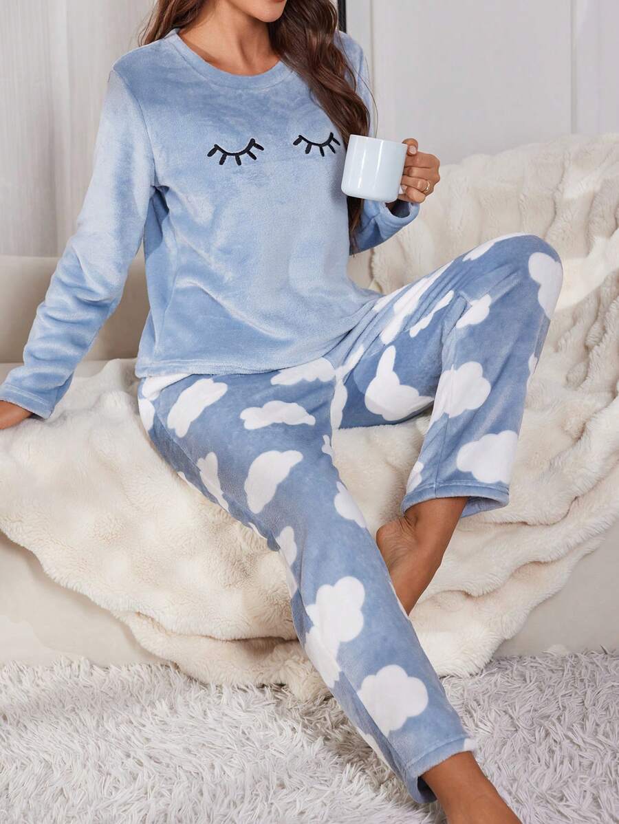 Women's Flannel Pajama Set, Sleepy Eyes Embroidered Long Sleeve Top and Cloud Print Pants, Blue, view 5