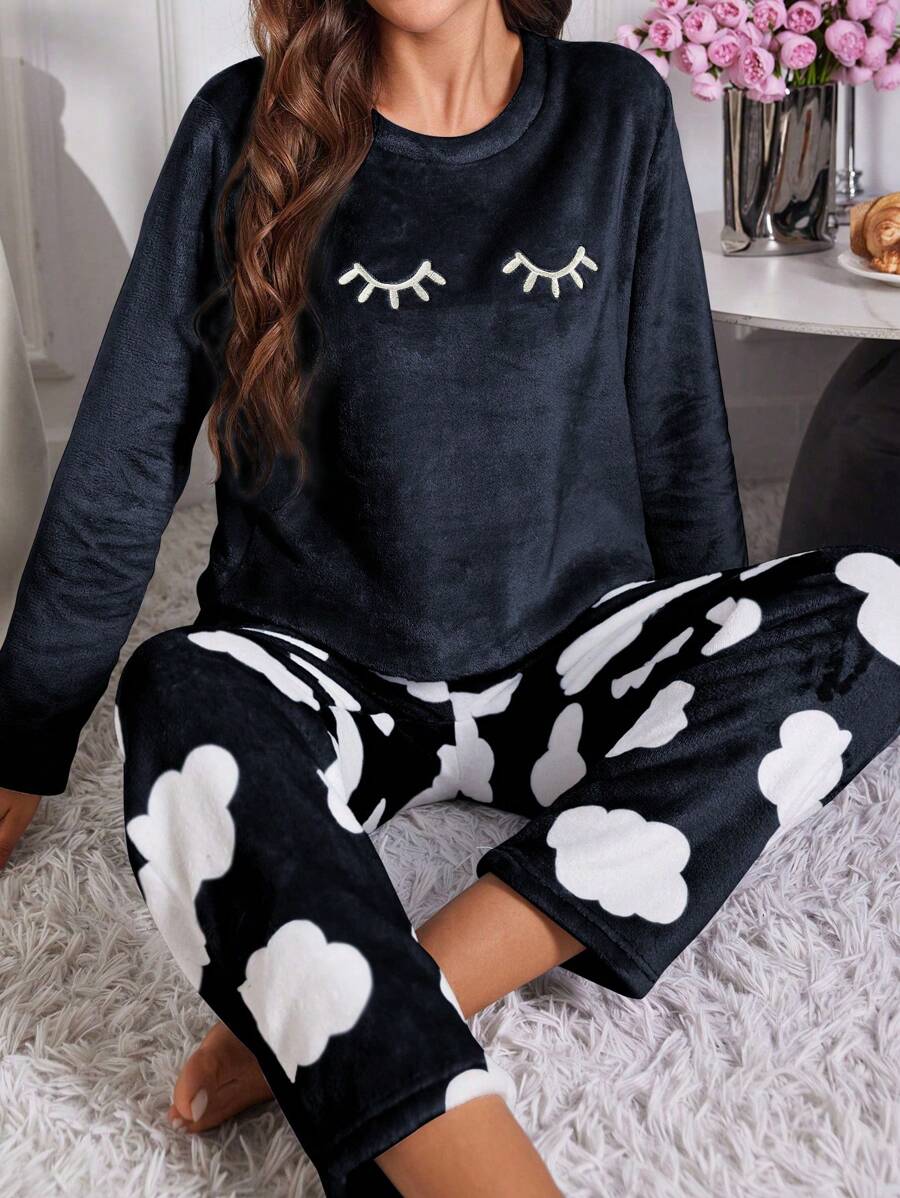 Women's Flannel Pajama Set, Sleepy Eyes Embroidered Long Sleeve Top and Cloud Print Pants, Black, view 7