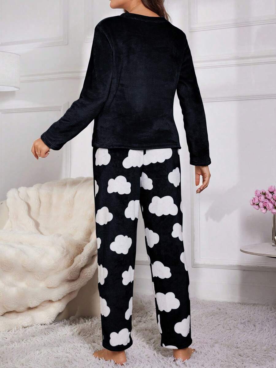 Women's Flannel Pajama Set, Sleepy Eyes Embroidered Long Sleeve Top and Cloud Print Pants, Black, view 8