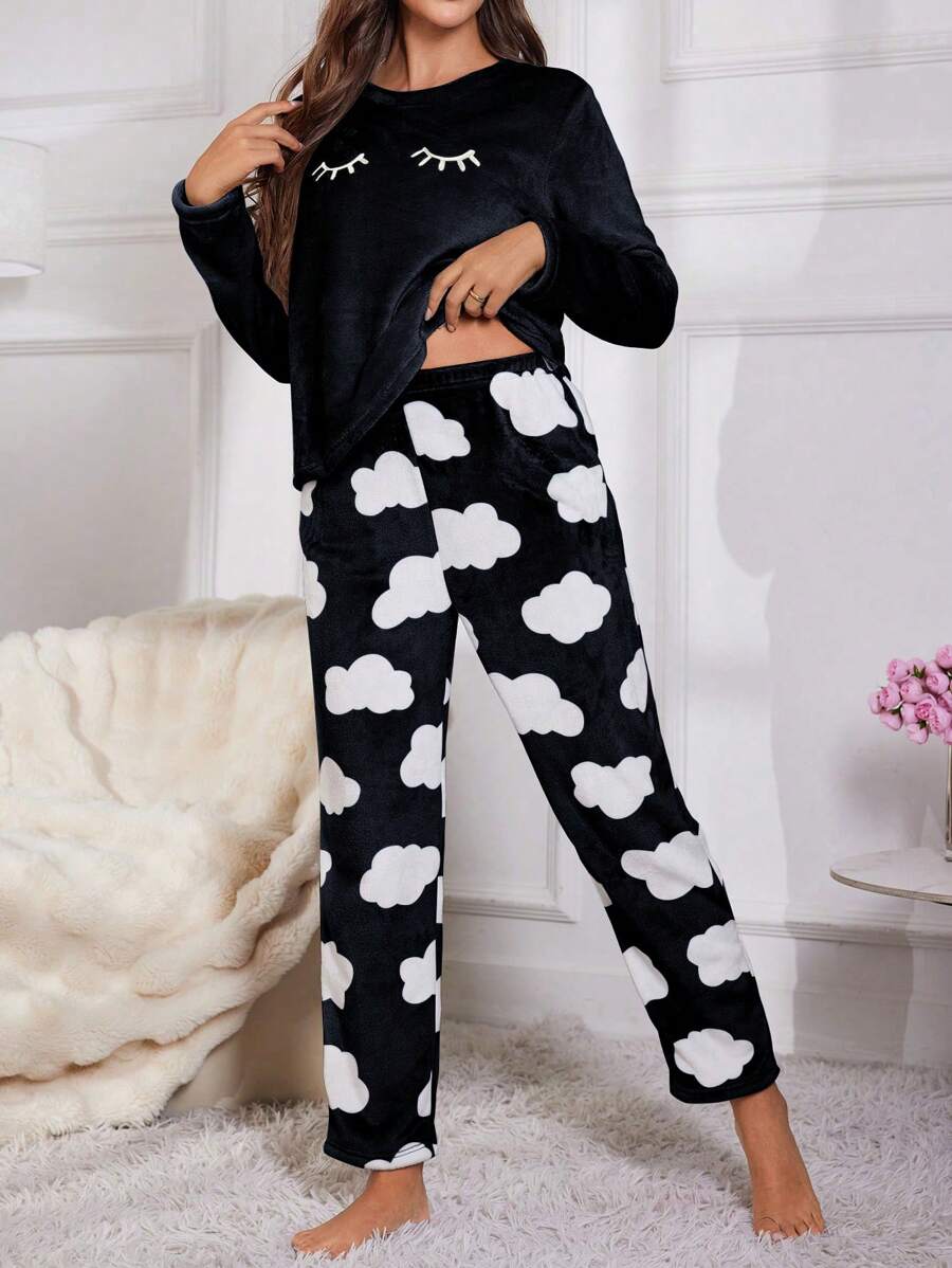 Women's Flannel Pajama Set, Sleepy Eyes Embroidered Long Sleeve Top and Cloud Print Pants, Black, view 9