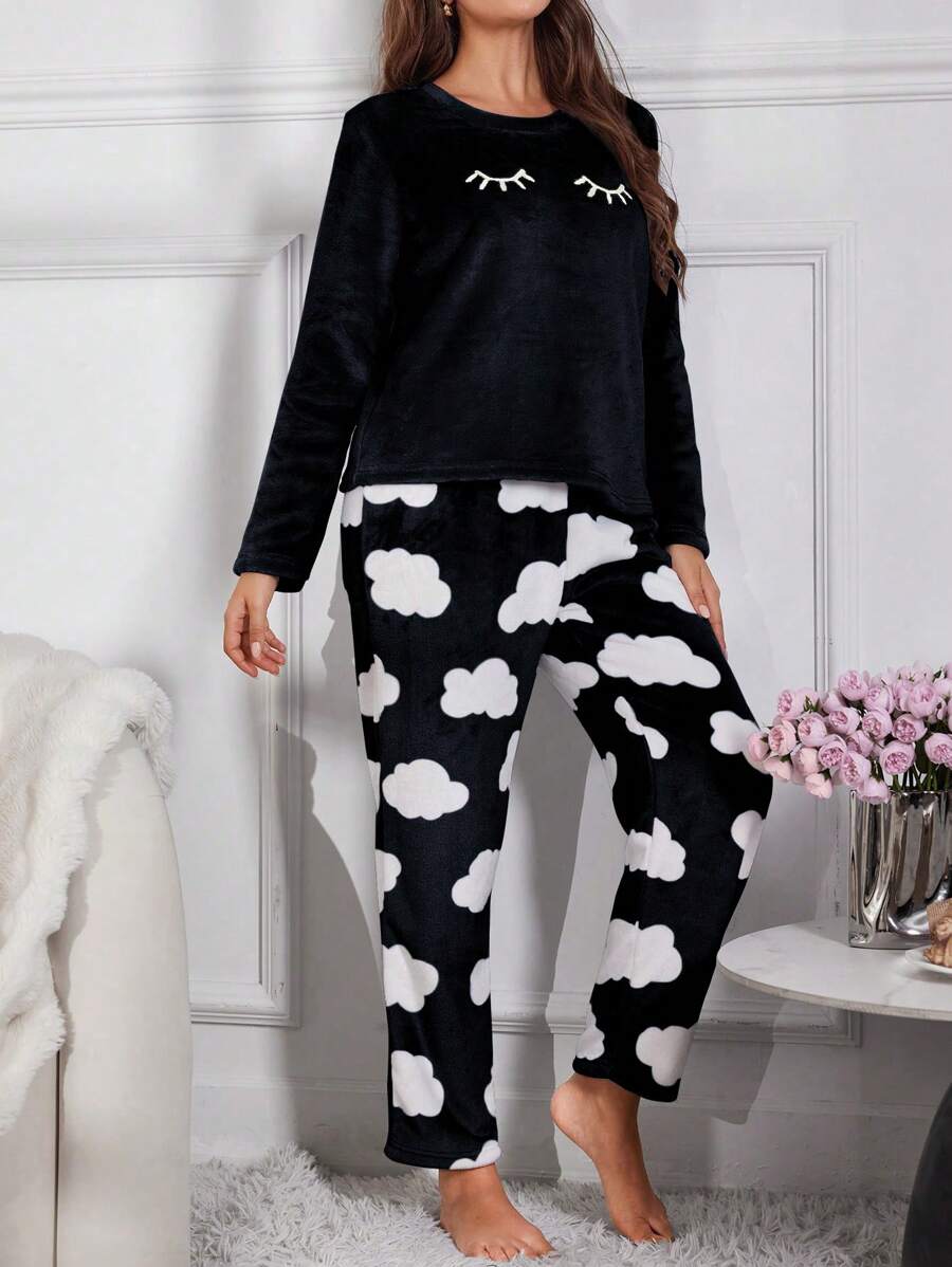 Women's Flannel Pajama Set, Sleepy Eyes Embroidered Long Sleeve Top and Cloud Print Pants, Black, view 10