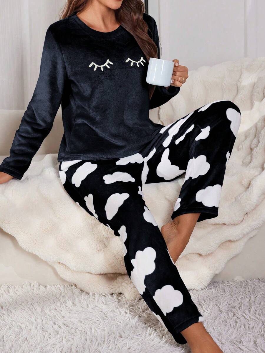 Women's Flannel Pajama Set, Sleepy Eyes Embroidered Long Sleeve Top and Cloud Print Pants, Black, view 12