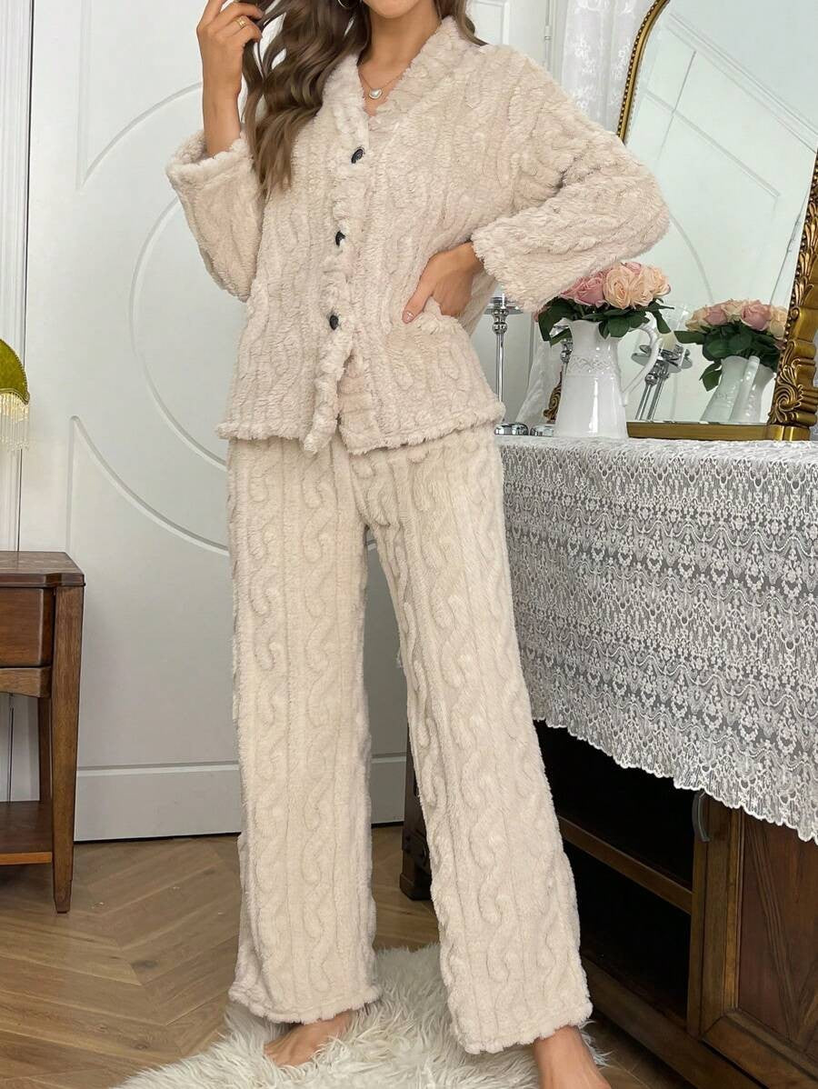 Women's Fleece Lounge Set, Beige Fuzzy Cable Texture Button-Down Top and Wide Leg Pants, Beige