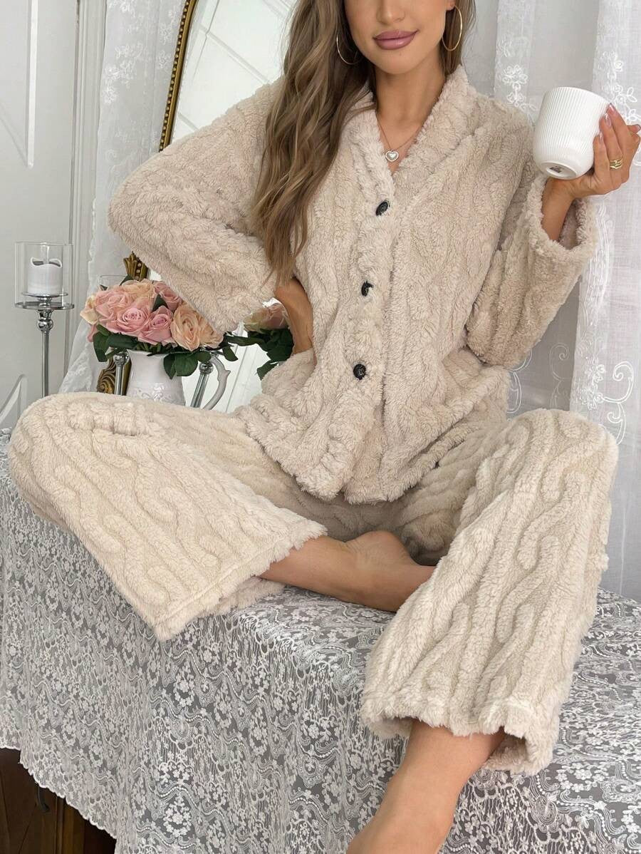 Women's Fleece Lounge Set, Beige Fuzzy Cable Texture Button-Down Top and Wide Leg Pants, Beige, view 2