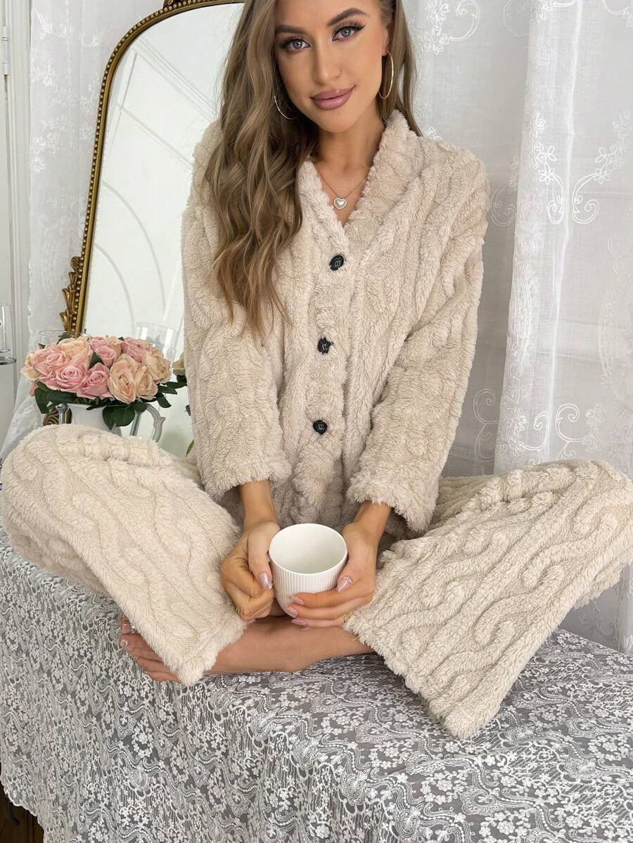 Women's Fleece Lounge Set, Beige Fuzzy Cable Texture Button-Down Top and Wide Leg Pants, Beige, view 4