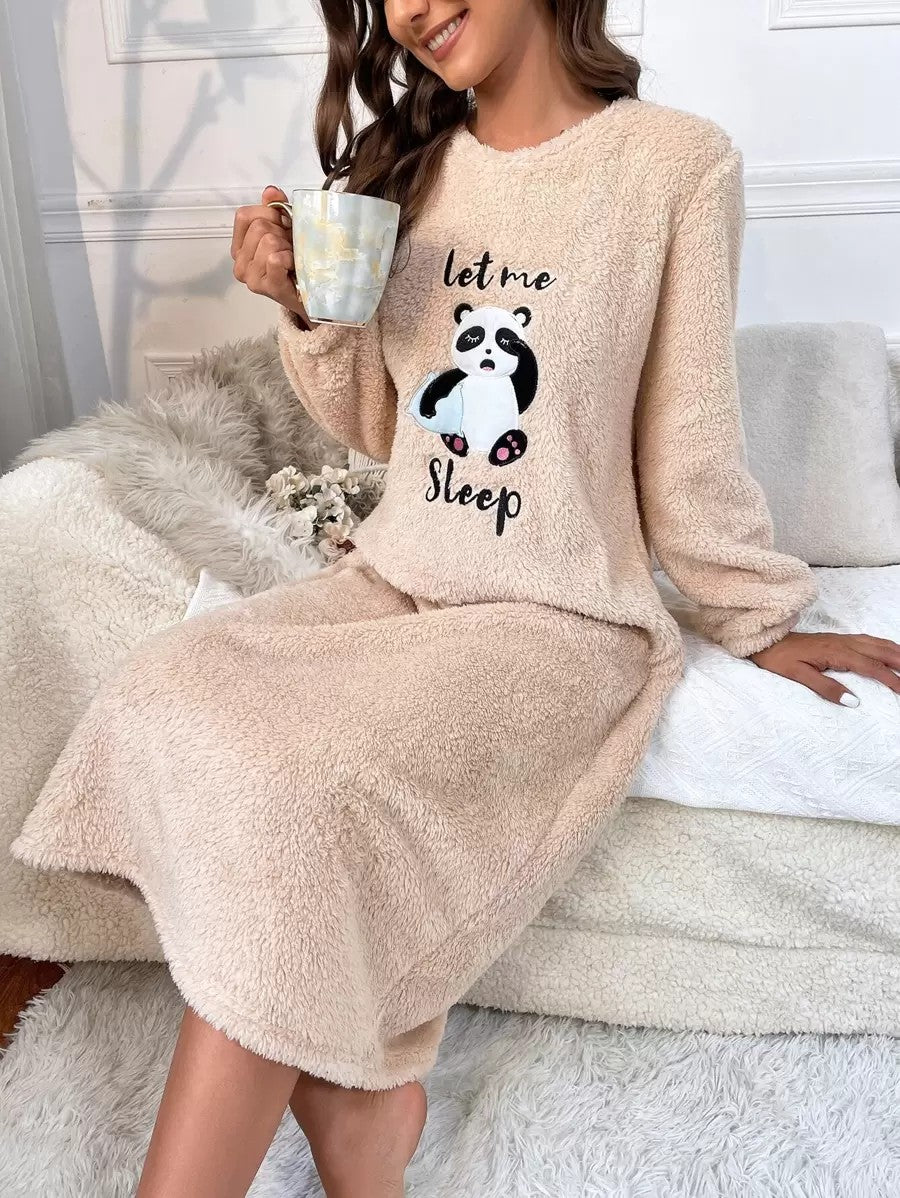 Women's Fleece Nightgown, Beige Long Sleeve Midi Sleep Dress with Panda Embroidery, Beige