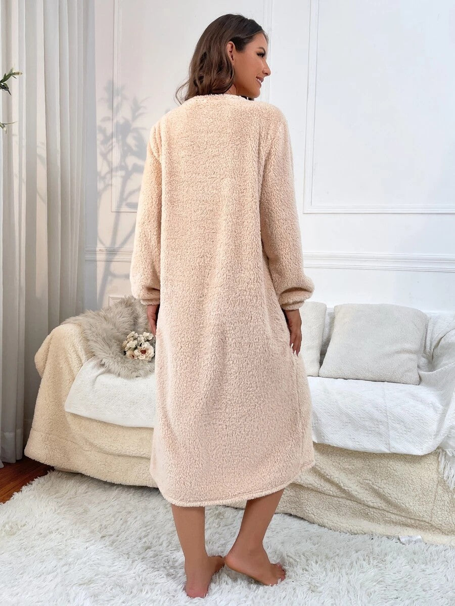 Women's Fleece Nightgown, Beige Long Sleeve Midi Sleep Dress with Panda Embroidery, Beige, view 2