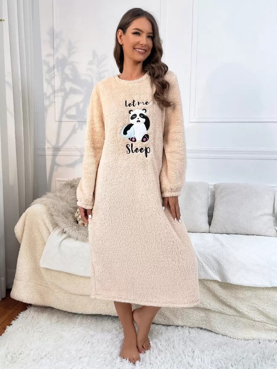 Women's Fleece Nightgown, Beige Long Sleeve Midi Sleep Dress with Panda Embroidery, Beige, view 3