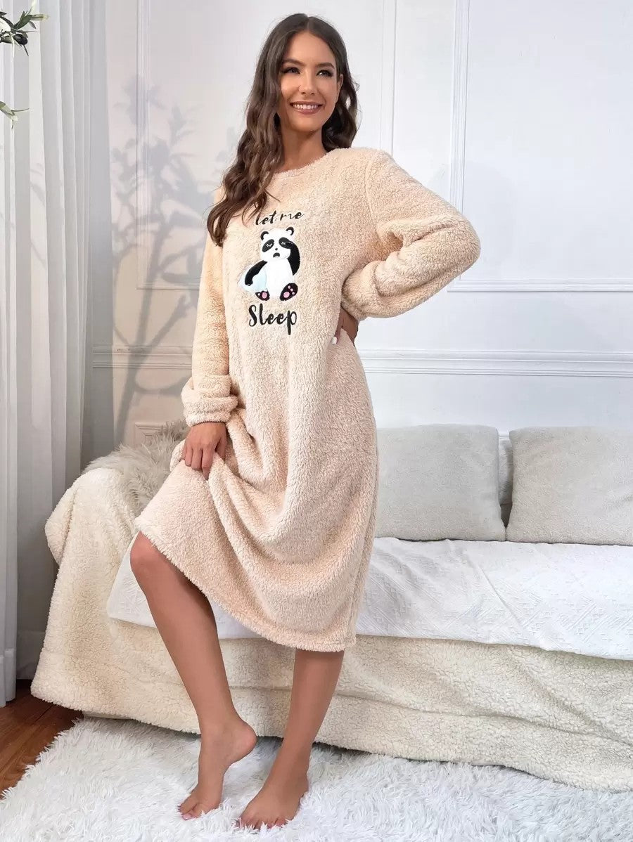 Women's Fleece Nightgown, Beige Long Sleeve Midi Sleep Dress with Panda Embroidery, Beige, view 4