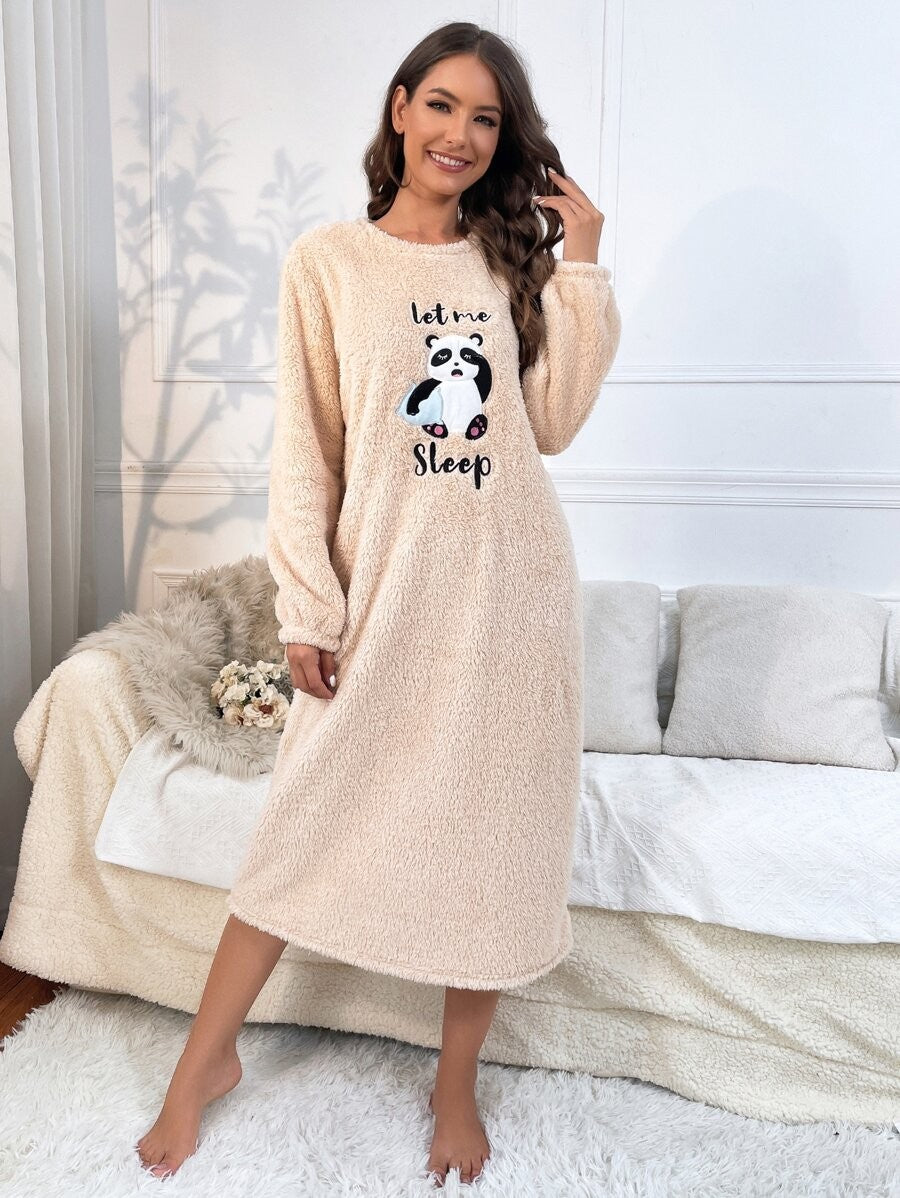 Women's Fleece Nightgown, Beige Long Sleeve Midi Sleep Dress with Panda Embroidery, Beige, view 5