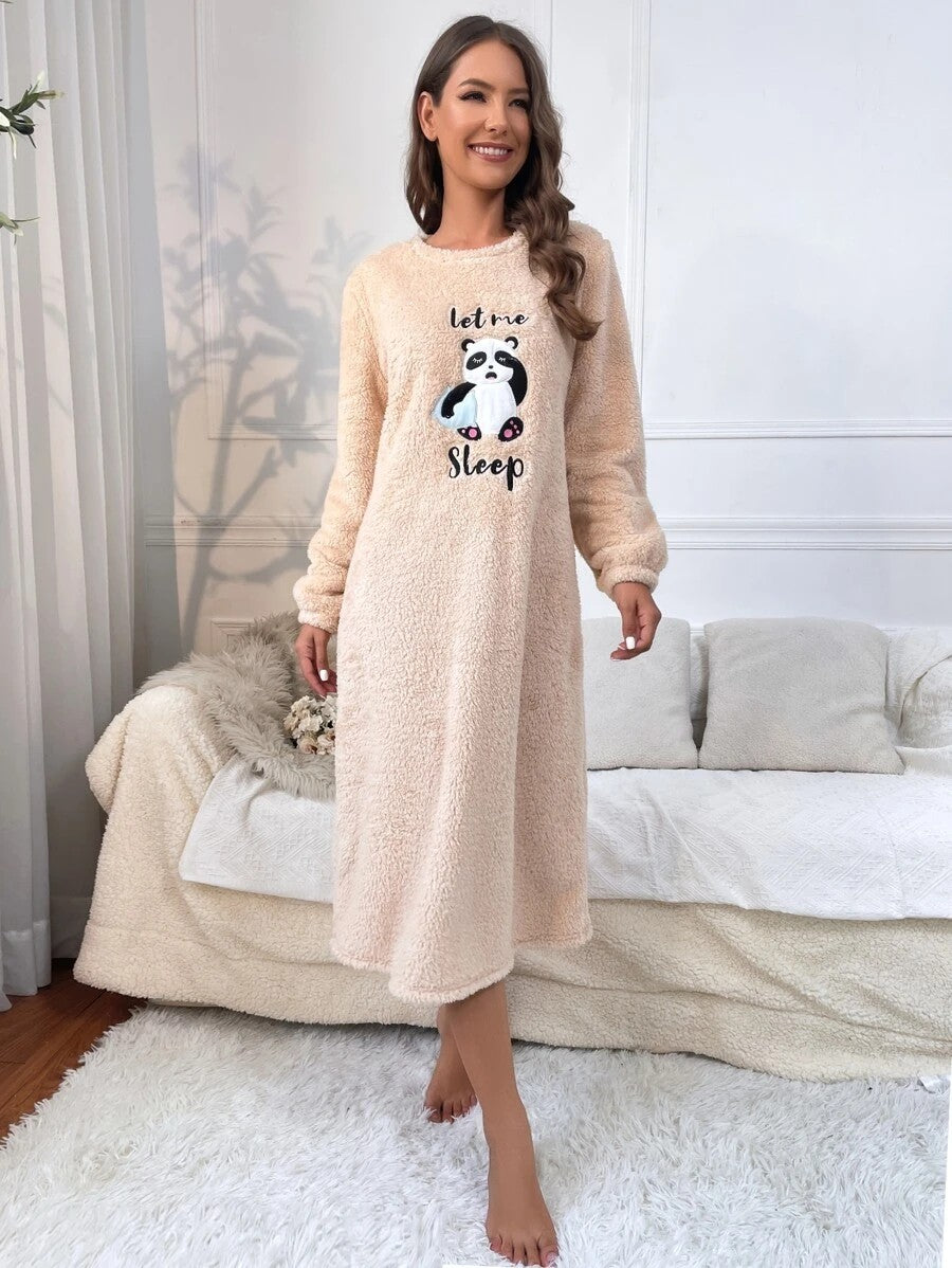 Women's Fleece Nightgown, Beige Long Sleeve Midi Sleep Dress with Panda Embroidery, Beige, view 6