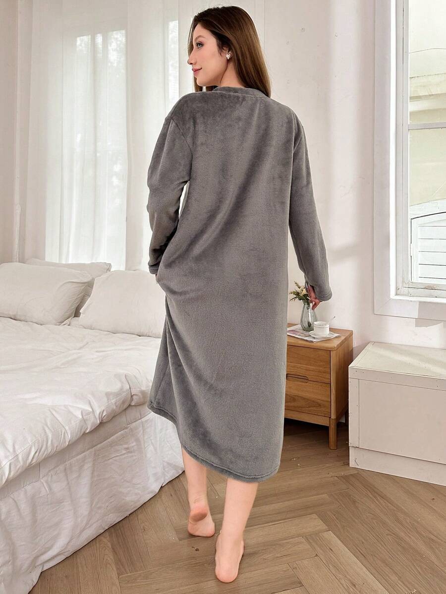 Women's Fleece Nightgown, Gray Long Sleeve Midi Sleep Dress with Teddy Bear Embroidery, Gray, view 2