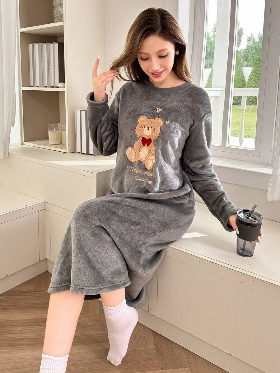 Women's Fleece Nightgown, Gray Long Sleeve Midi Sleep Dress with Teddy Bear Embroidery, Gray, view 3