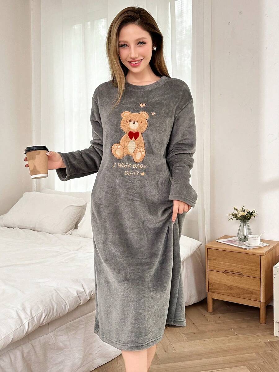Women's Fleece Nightgown, Gray Long Sleeve Midi Sleep Dress with Teddy Bear Embroidery, Gray, view 4