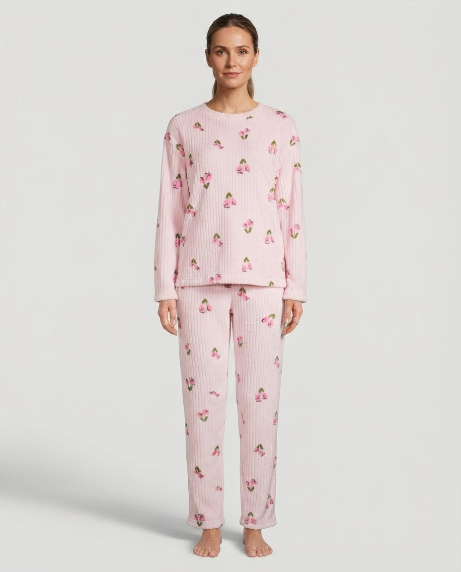 Women's Fleece Pajama Set, Baby Pink Tulip Print Ribbed Long Sleeve Top and Wide Leg Pants, Baby Pink