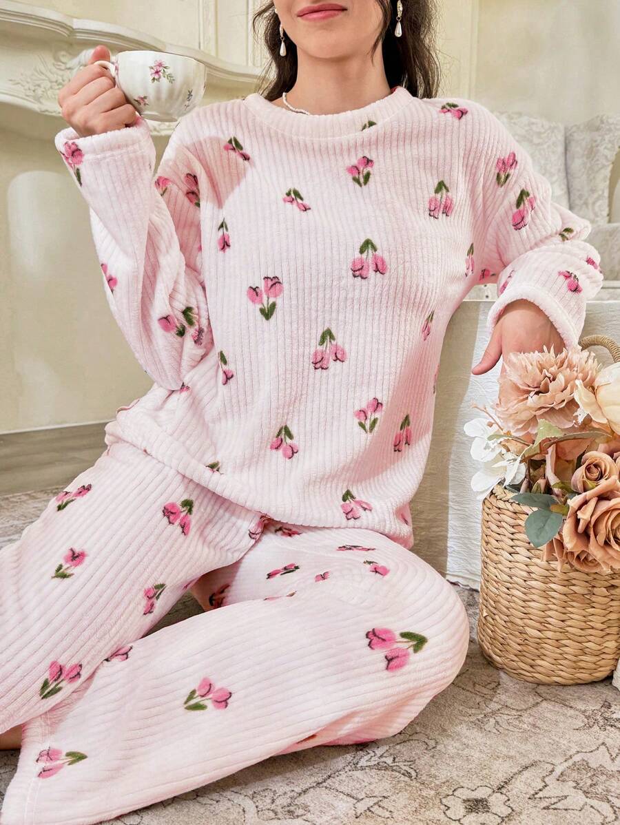 Women's Fleece Pajama Set, Baby Pink Tulip Print Ribbed Long Sleeve Top and Wide Leg Pants, Baby Pink