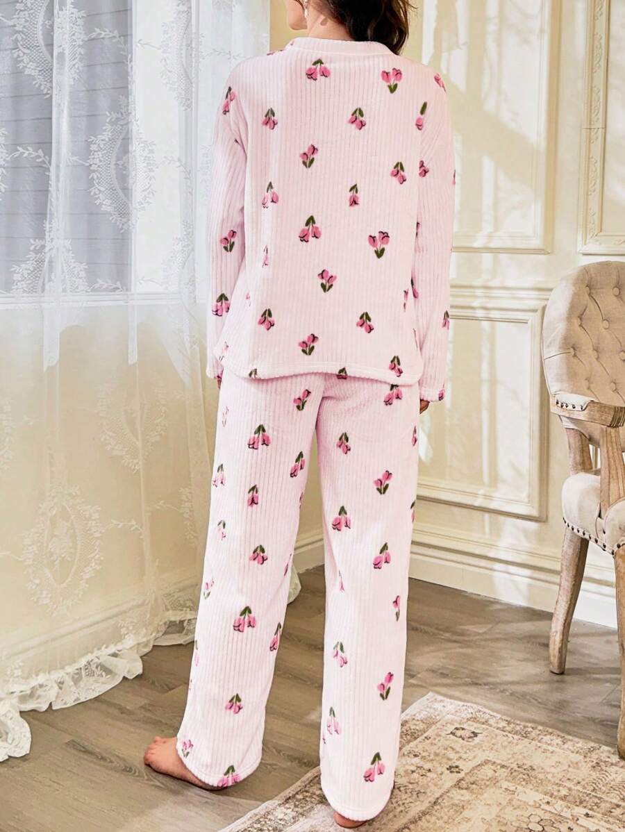 Women's Fleece Pajama Set, Baby Pink Tulip Print Ribbed Long Sleeve Top and Wide Leg Pants, Baby Pink, view 2