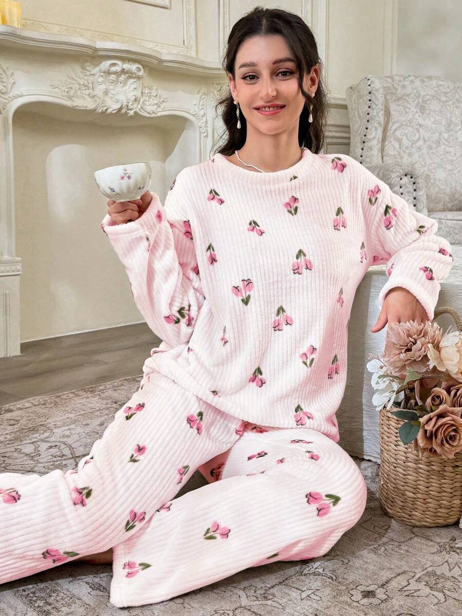 Women's Fleece Pajama Set, Baby Pink Tulip Print Ribbed Long Sleeve Top and Wide Leg Pants, Baby Pink, view 3