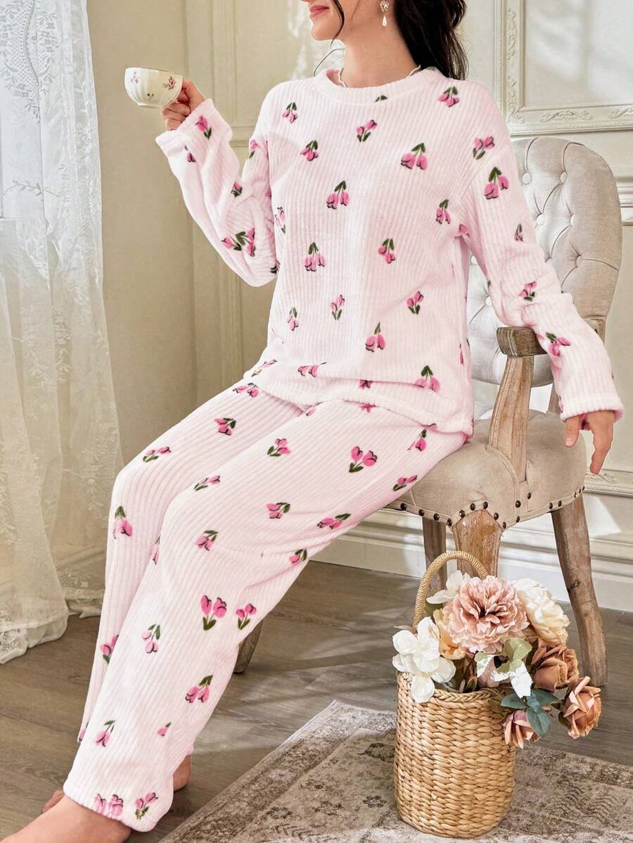Women's Fleece Pajama Set, Baby Pink Tulip Print Ribbed Long Sleeve Top and Wide Leg Pants, Baby Pink, view 4