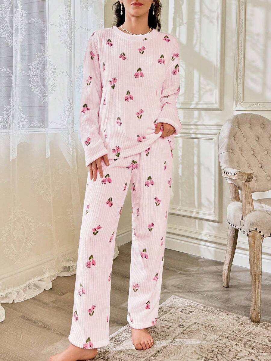 Women's Fleece Pajama Set, Baby Pink Tulip Print Ribbed Long Sleeve Top and Wide Leg Pants, Baby Pink, view 5