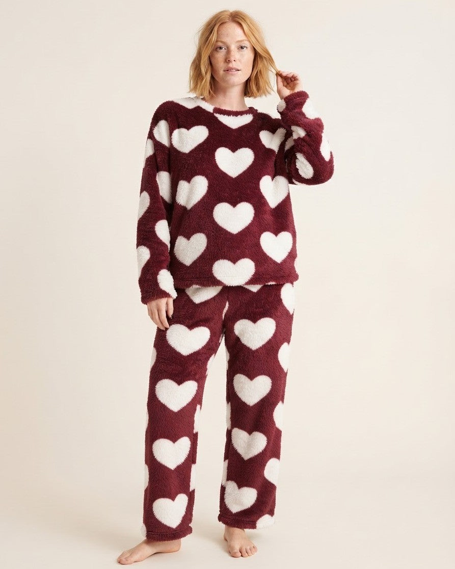Women's Fleece Pajama Set, Burgundy Fuzzy Top and Jogger Pants with White Heart Print, Burgundy