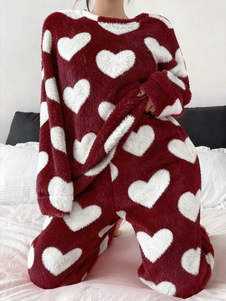 Women's Fleece Pajama Set, Burgundy Fuzzy Top and Jogger Pants with White Heart Print, Burgundy