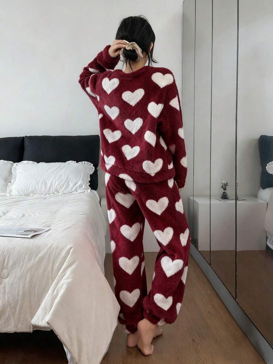 Women's Fleece Pajama Set, Burgundy Fuzzy Top and Jogger Pants with White Heart Print, Burgundy, view 2