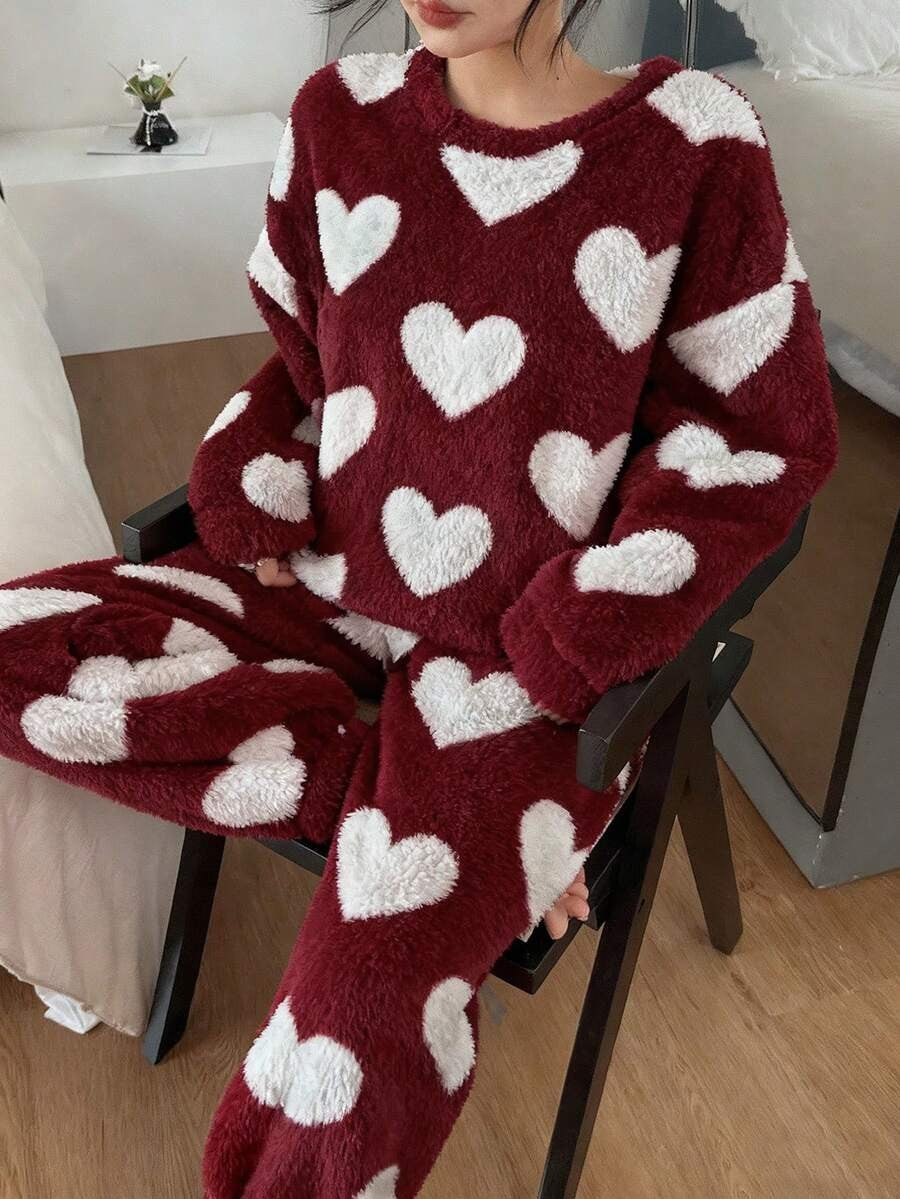 Women's Fleece Pajama Set, Burgundy Fuzzy Top and Jogger Pants with White Heart Print, Burgundy, view 3