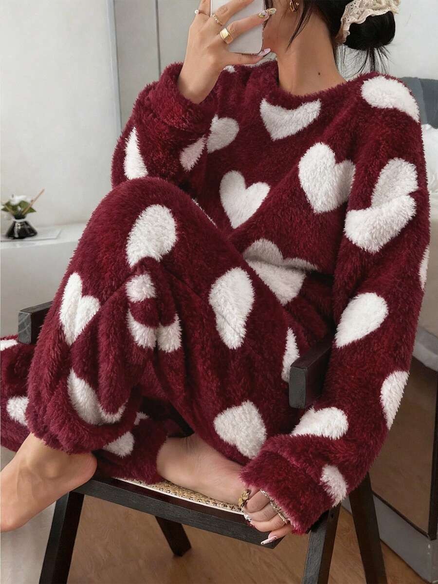 Women's Fleece Pajama Set, Burgundy Fuzzy Top and Jogger Pants with White Heart Print, Burgundy, view 4
