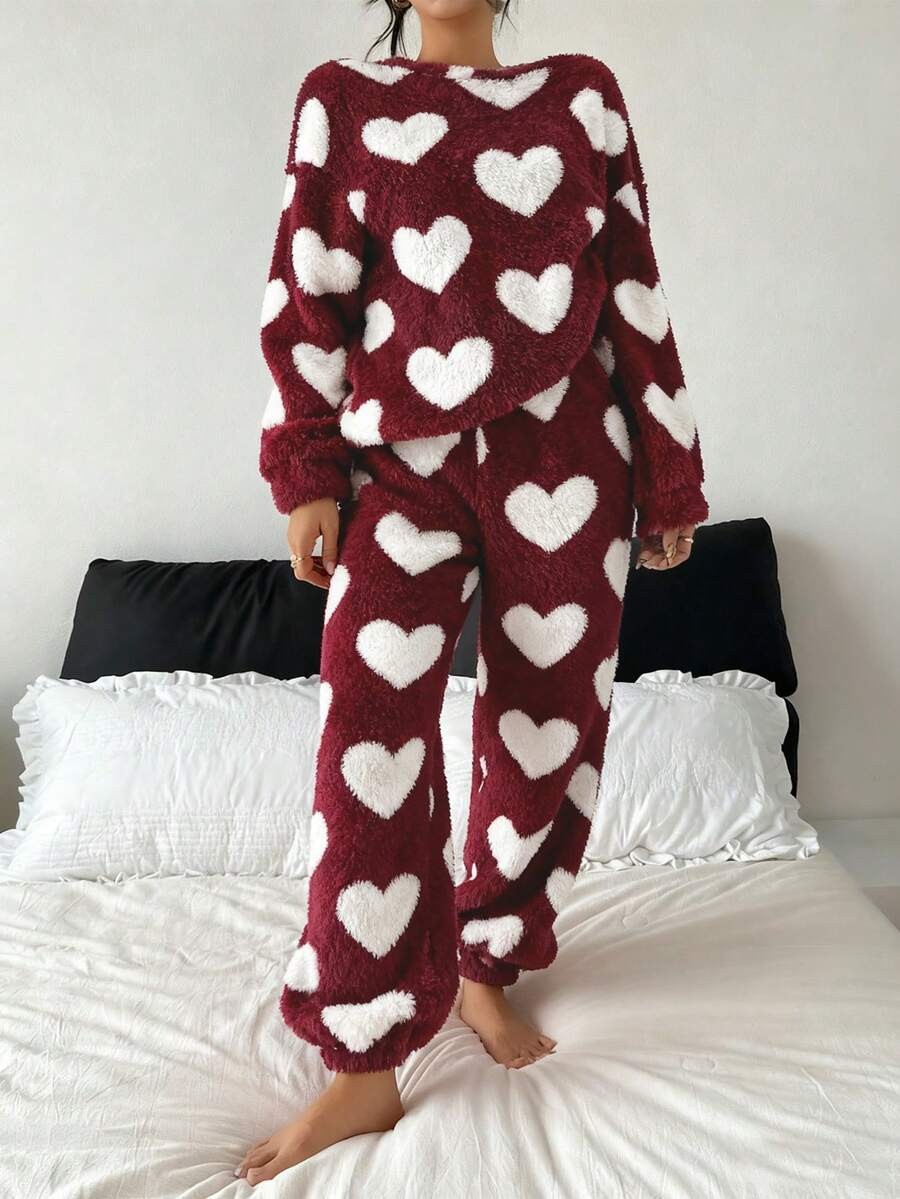 Women's Fleece Pajama Set, Burgundy Fuzzy Top and Jogger Pants with White Heart Print, Burgundy, view 5