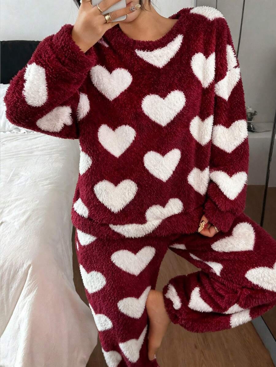 Women's Fleece Pajama Set, Burgundy Fuzzy Top and Jogger Pants with White Heart Print, Burgundy, view 6