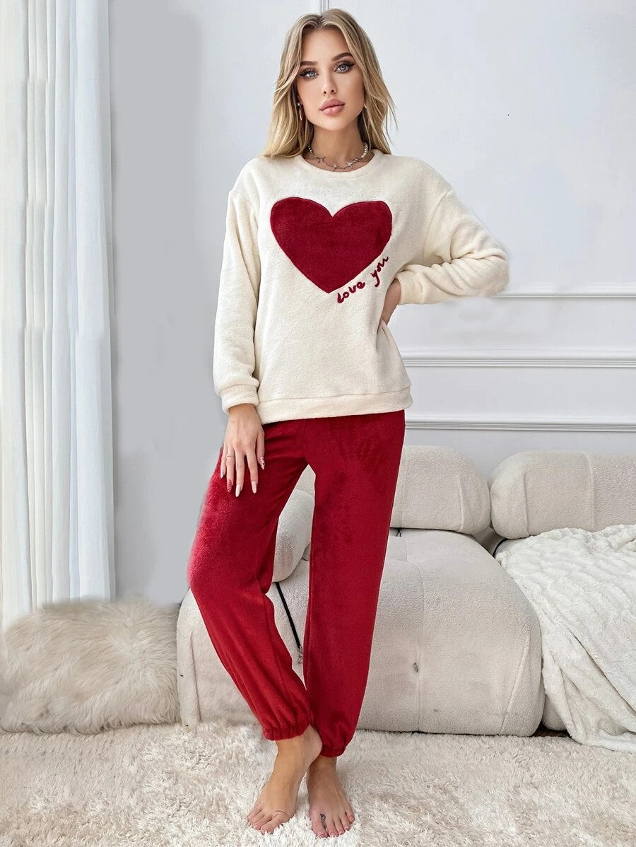 Women's Fleece Pajama Set, Cream Heart Top with Love You Embroidery and Red Jogger Pants, Cream/Red