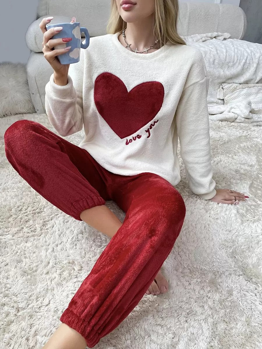 Women's Fleece Pajama Set, Cream Heart Top with Love You Embroidery and Red Jogger Pants, Cream/Red, view 2
