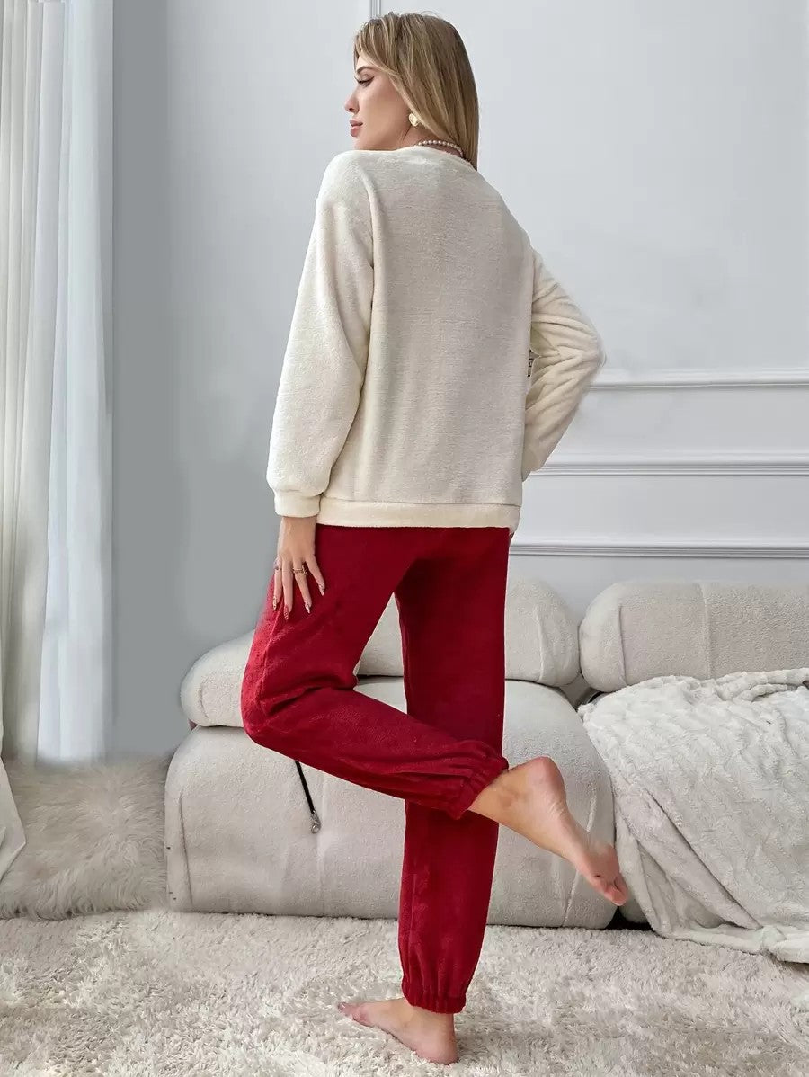 Women's Fleece Pajama Set, Cream Heart Top with Love You Embroidery and Red Jogger Pants, Cream/Red, view 3