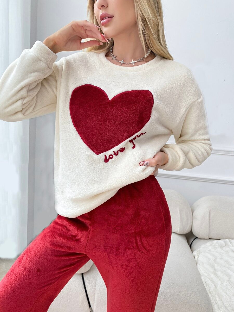 Women's Fleece Pajama Set, Cream Heart Top with Love You Embroidery and Red Jogger Pants, Cream/Red, view 4