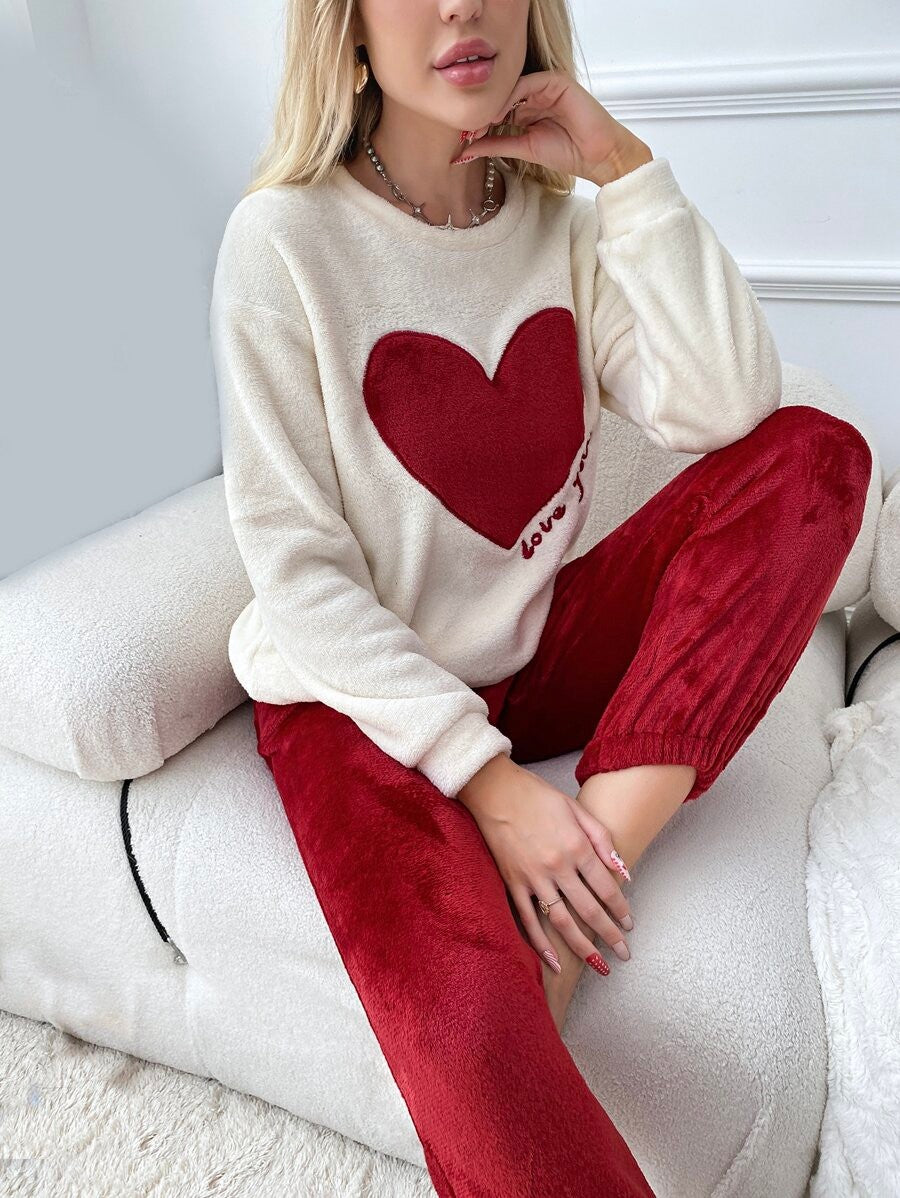 Women's Fleece Pajama Set, Cream Heart Top with Love You Embroidery and Red Jogger Pants, Cream/Red, view 5