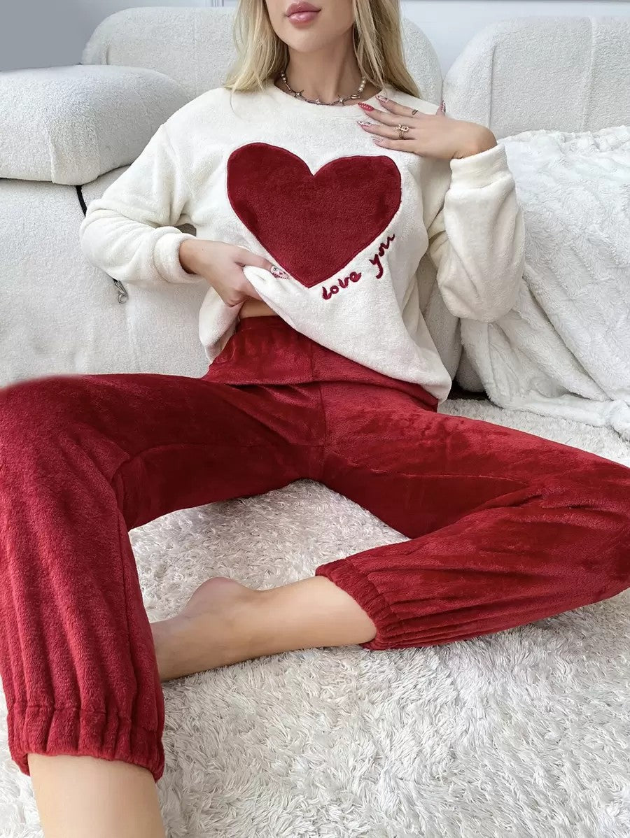 Women's Fleece Pajama Set, Cream Heart Top with Love You Embroidery and Red Jogger Pants, Cream/Red, view 6
