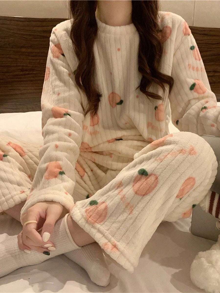 Women's Fleece Pajama Set, Cream Ribbed Long Sleeve Top and Pants with Peach Print, Cream