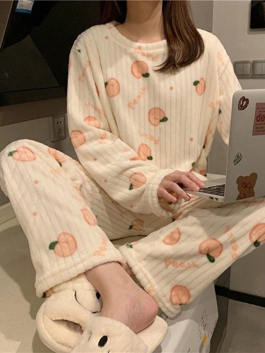 Women's Fleece Pajama Set, Cream Ribbed Long Sleeve Top and Pants with Peach Print, Cream, view 3